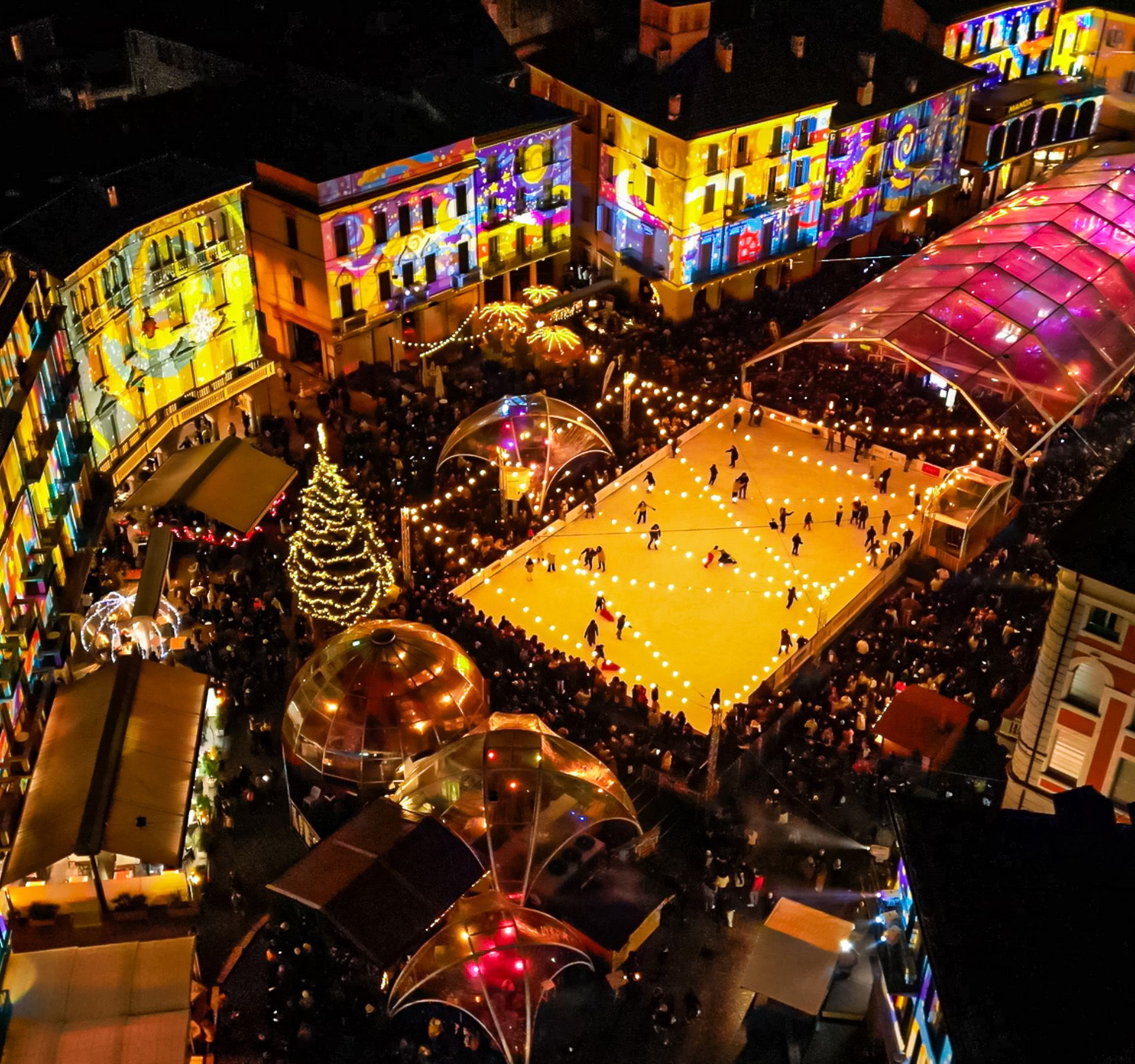 Aerial view from above shows Winterland Locarno in bright lights.